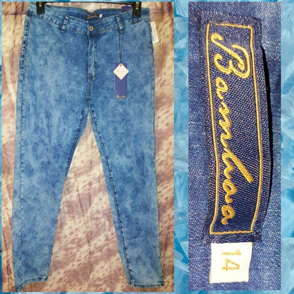 Bamboo Jeans brand Blue/Multicolor Acid Wash Soft Woven Skinny Jeans Sz 14